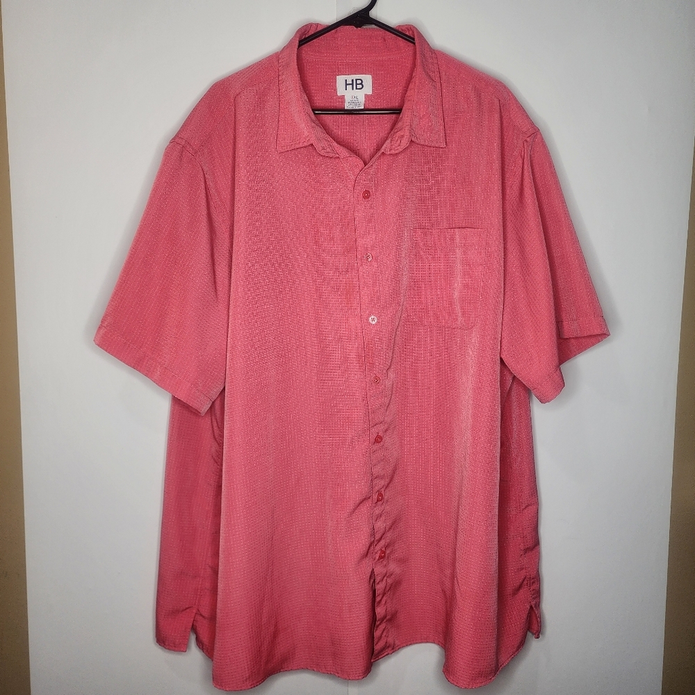 HB/DXL Big & Tall Men's Textured Pink Sports Button Up Short Sleeve Shirt, 3XL